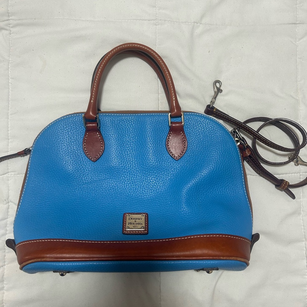 Dooney & Bourke Bright Blue Pebbled Leather Satchel with Brown Trim